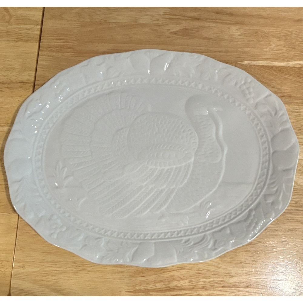 Vintage Oggi Corp White Embossed Ceramic Turkey Platter 18"